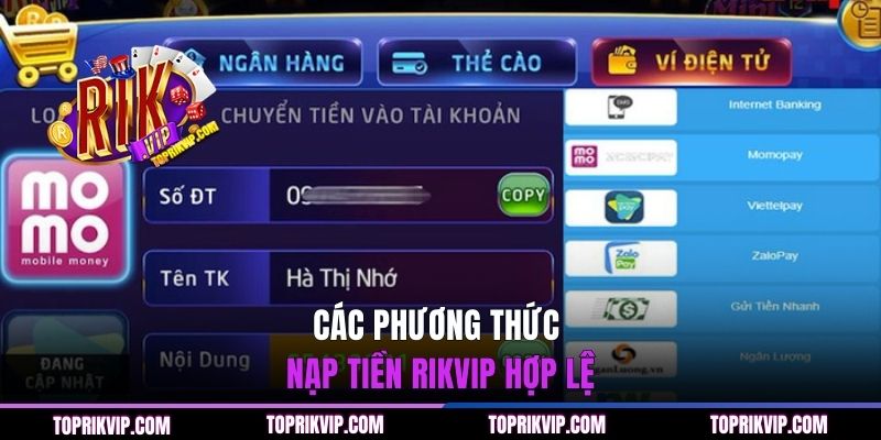 Các phương thức nạp tiền RIKVIP hợp lệ